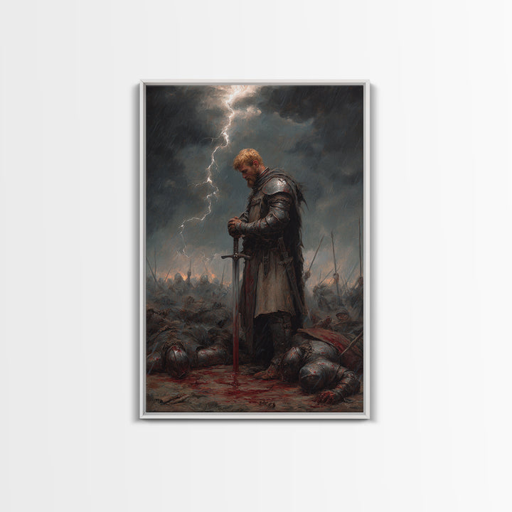 Blond Knight Praying In Storm Wall Art, Dark Fantasy Medieval Battle Print, Gothic Warrior Decor, Moody Masculine Office Art