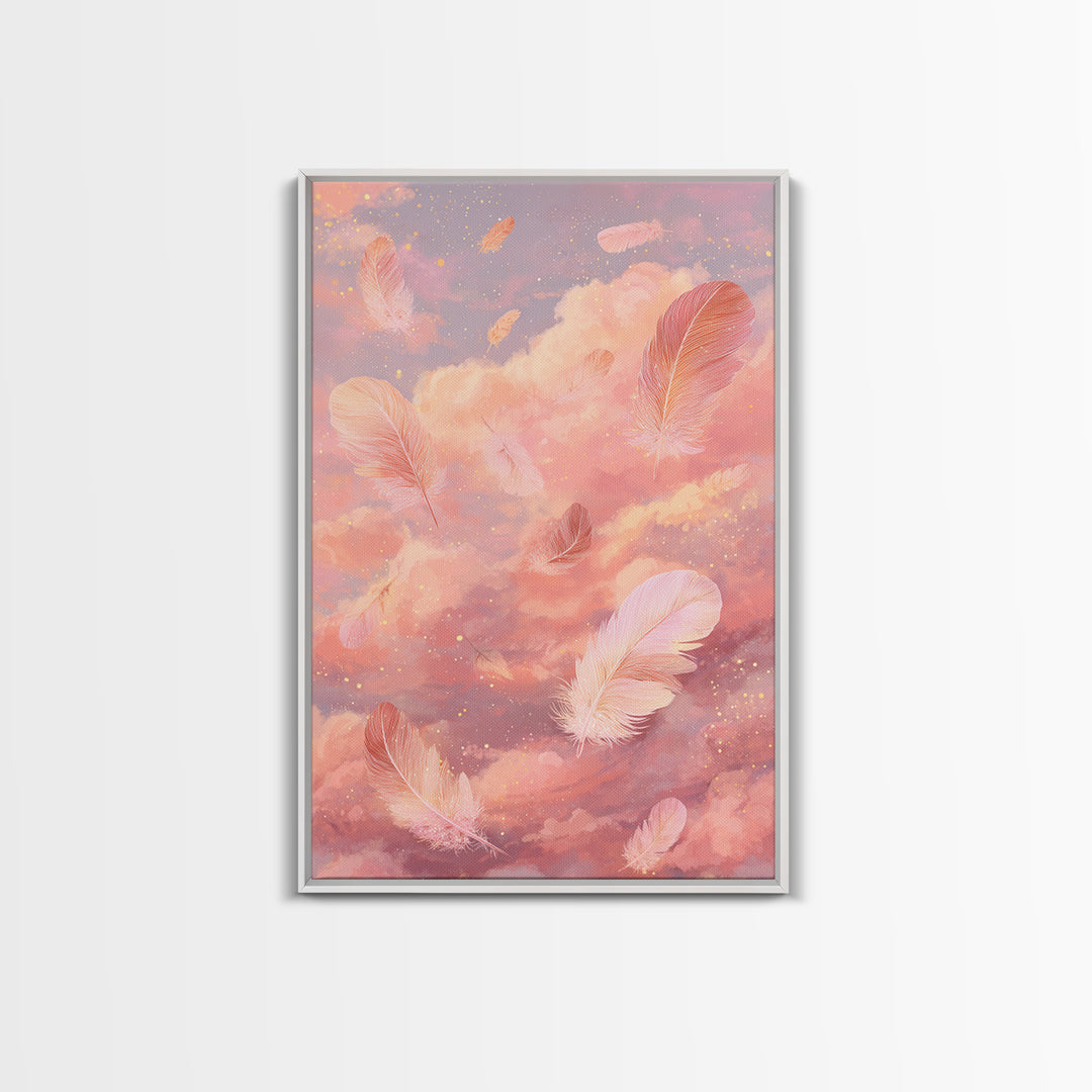 Pink Feather Cloud Canvas Print, Dreamy Celestial Sky Art, Pastel Nursery Decor, Whimsical Bedroom Wall Decor Gift For Her