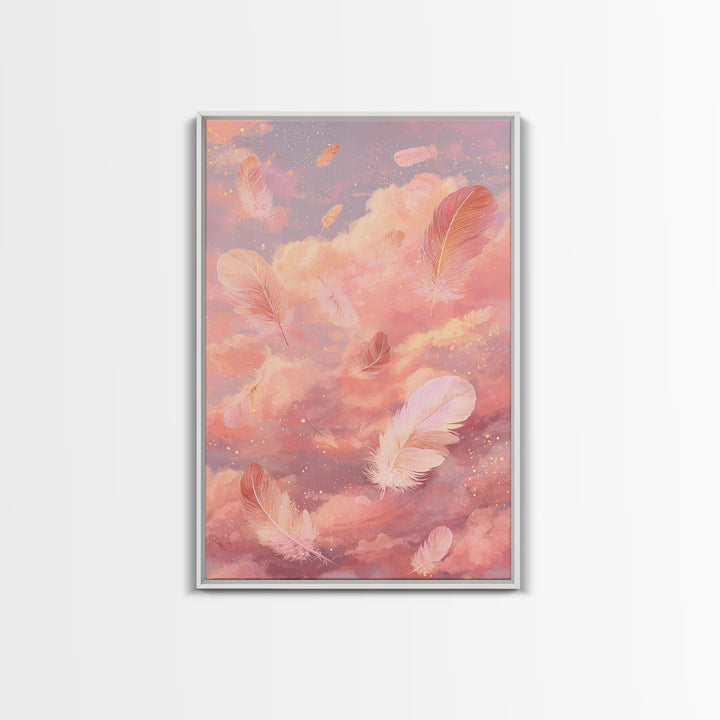 Pink Feather Cloud Canvas Print, Dreamy Celestial Sky Art, Pastel Nursery Decor, Whimsical Bedroom Wall Decor Gift For Her