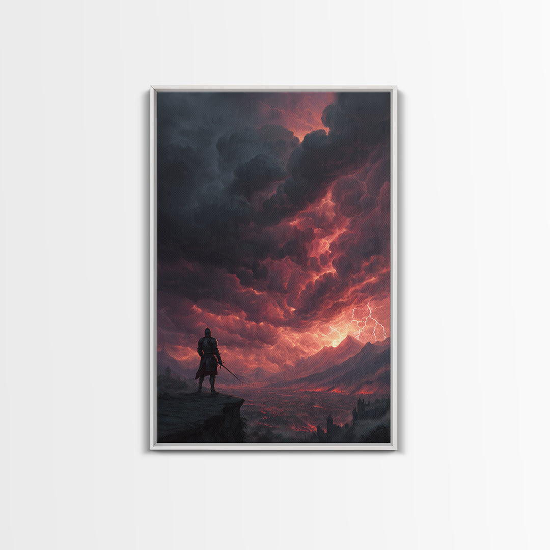 Lone Warrior Under Crimson Lightning Storm Wall Art, Dark Fantasy Landscape, Medieval Castle Decor, Dramatic Gothic Poster