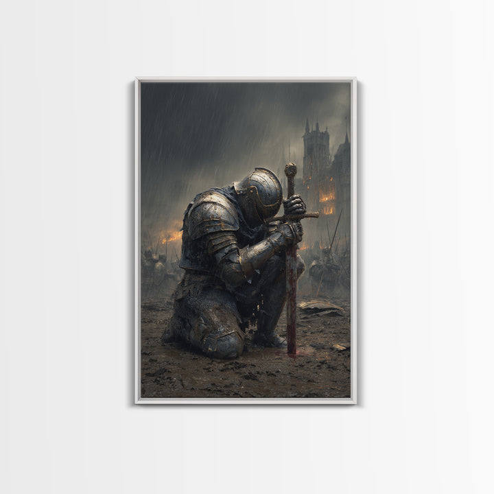 Kneeling Knight In Rainy Battlefield Framed Canvas Print, Dark Medieval Wall Decor, Gothic Castle Art, Gift For Him, Office Decor