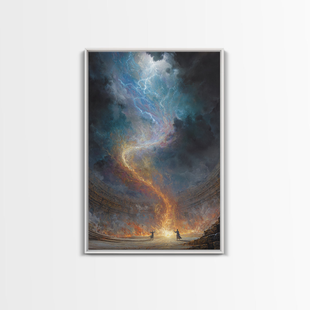 Celestial Firestorm Vortex In Ancient Arena Canvas Print, Epic Fantasy Wall Art, Cosmic Lightning Decor, Dramatic Poster