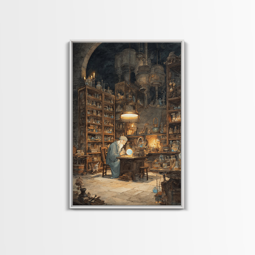 Moonlit Alchemist Workshop With Glowing Orb Wall Art, Dark Academia Decor, Fantasy Library Print, Whimsical Office Poster