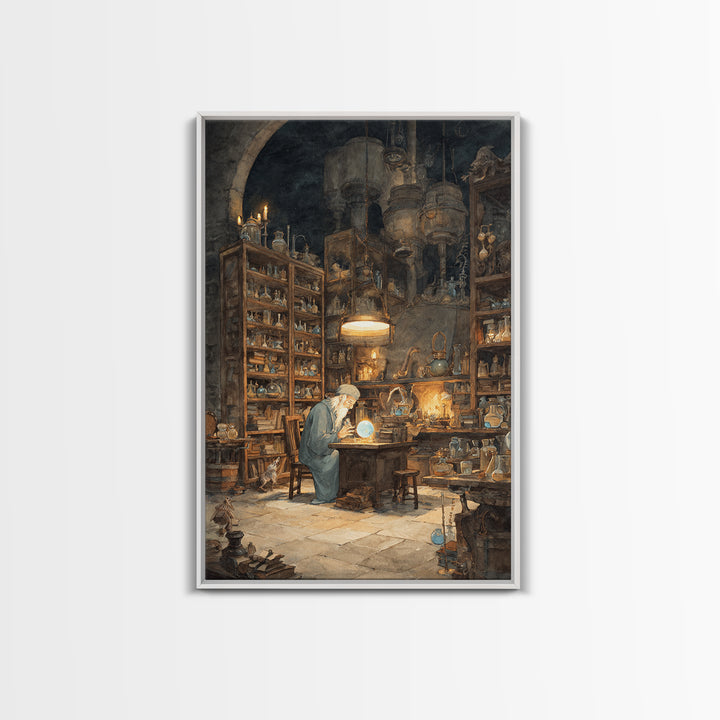 Moonlit Alchemist Workshop With Glowing Orb Wall Art, Dark Academia Decor, Fantasy Library Print, Whimsical Office Poster