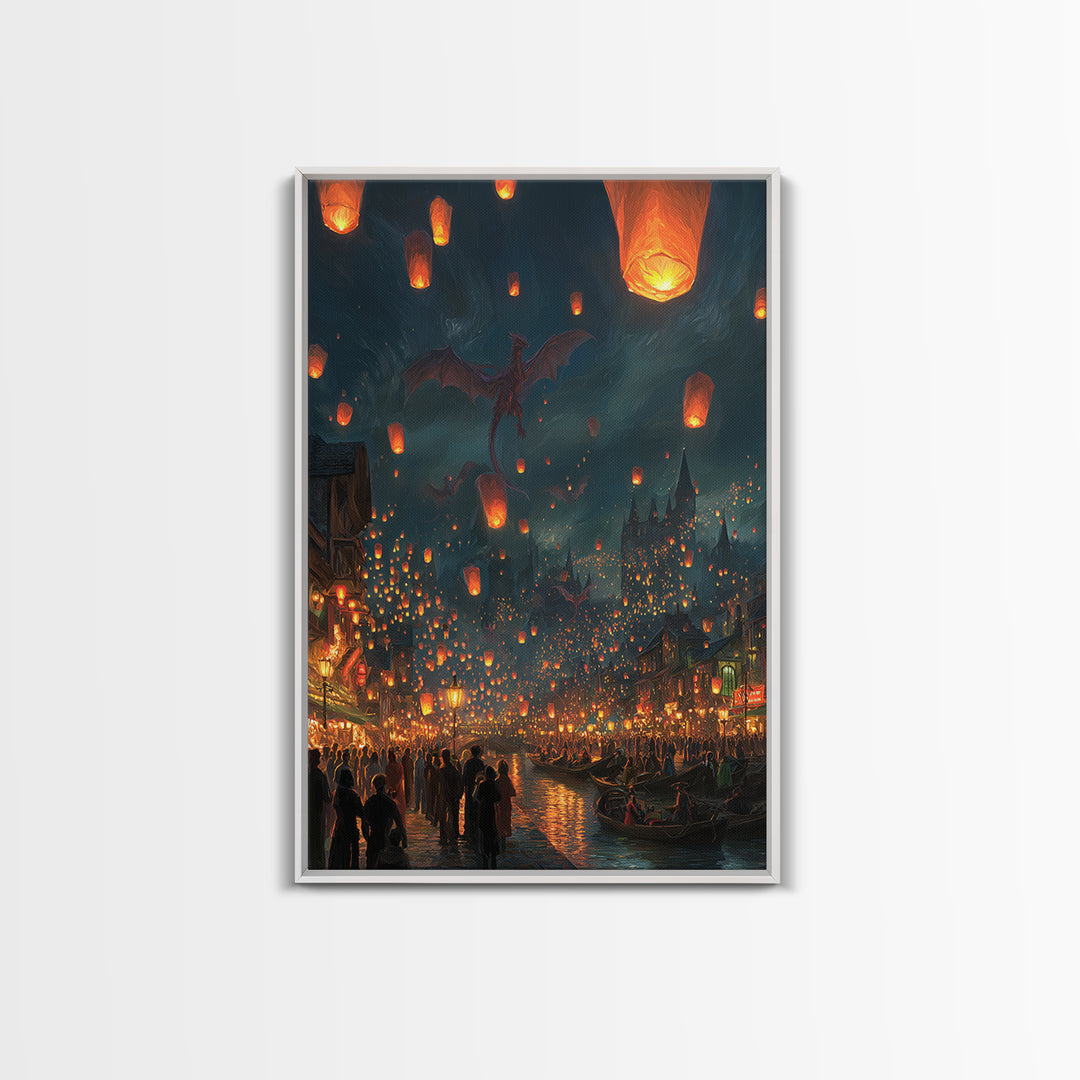 Dragon Lantern Festival Over Medieval Harbor Framed Canvas Print, Fantasy Wall Art, Magical City Decor, Whimsical Poster