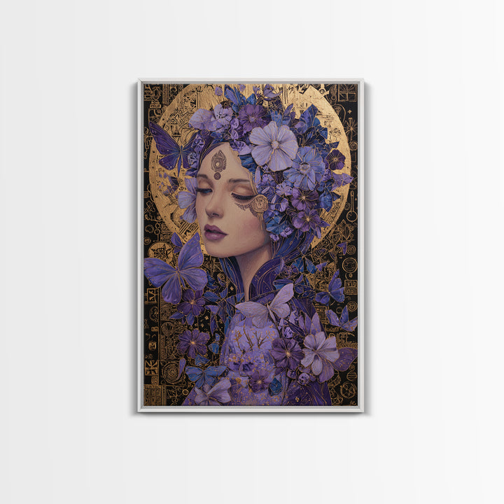 Purple Floral Goddess Portrait Wall Art, Art Nouveau Butterfly Decor, Feminine Celestial Canvas Print, Gift For Her, Boho Wall Decor