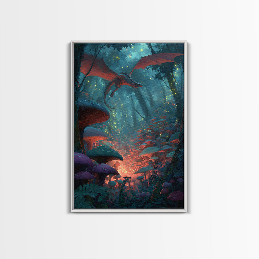 Red Dragon In Glowing Mushroom Forest Canvas Print, Enchanted Fantasy Wall Art, Woodland Nursery Decor, Magical Poster, Kids Room Art