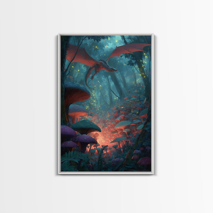 Red Dragon In Glowing Mushroom Forest Canvas Print, Enchanted Fantasy Wall Art, Woodland Nursery Decor, Magical Poster, Kids Room Art