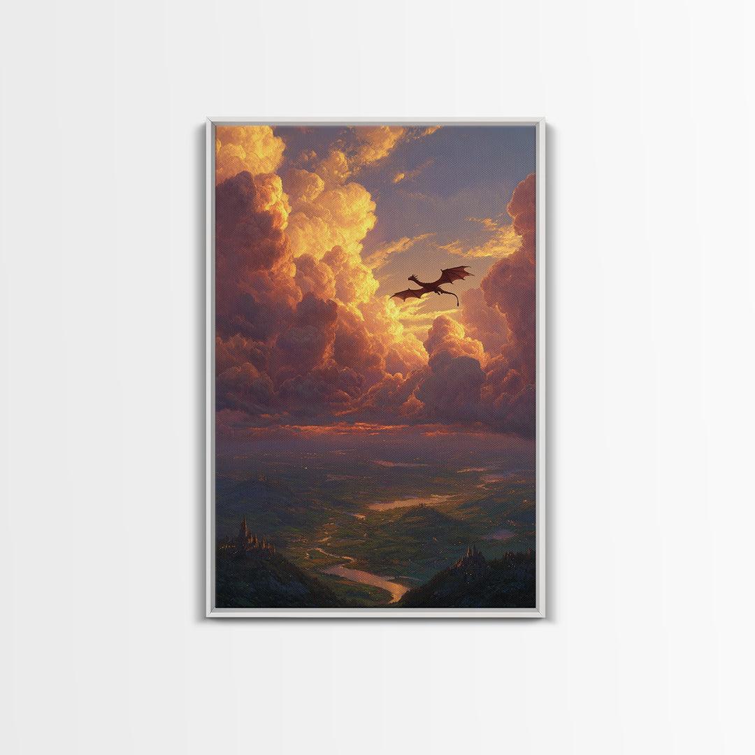 Dragon Flying Through Golden Sunset Clouds Wall Art, Epic Fantasy Landscape, Castle Valley Decor, Large Canvas Print, Gift For Him