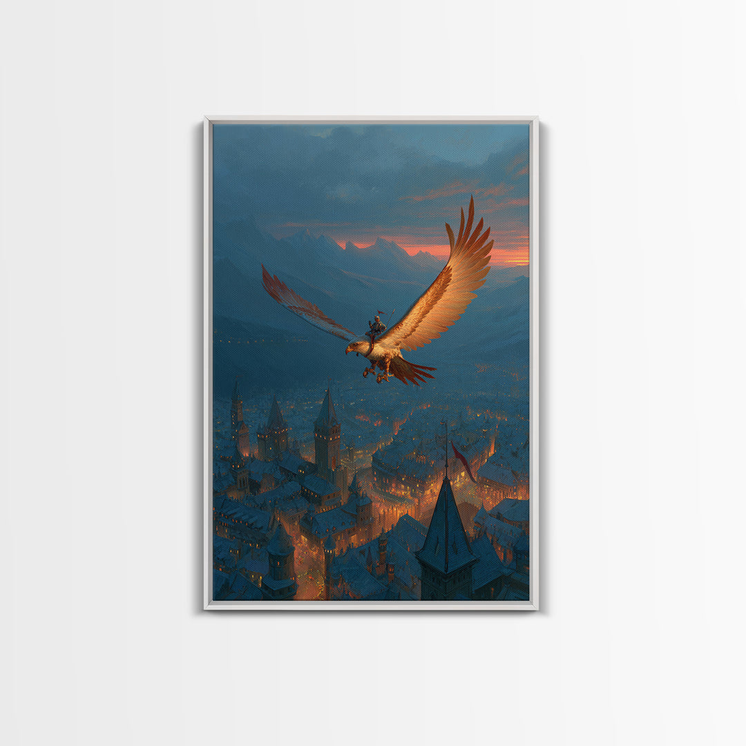 Giant Eagle Rider Over Snowy Fantasy City Framed Canvas Print, Magical Wall Art, Winter Castle Decor, Adventure Poster, Kids Room Art