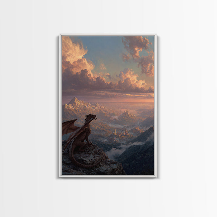 Dragon On Mountain Overlooking Kingdom At Sunset Canvas Print, Fantasy Landscape Wall Art, Castle Decor, Gift For Him, Adventure Poster