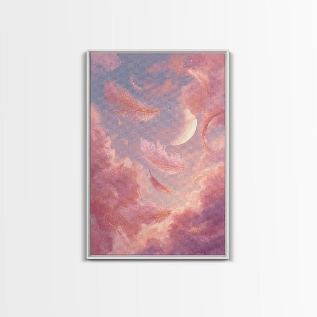 Crescent Moon Feather Wall Art, Pink Cloud Celestial Canvas, Dreamy Nursery Decor, Whimsical Bedroom Print Gift For Her, Pastel Decor