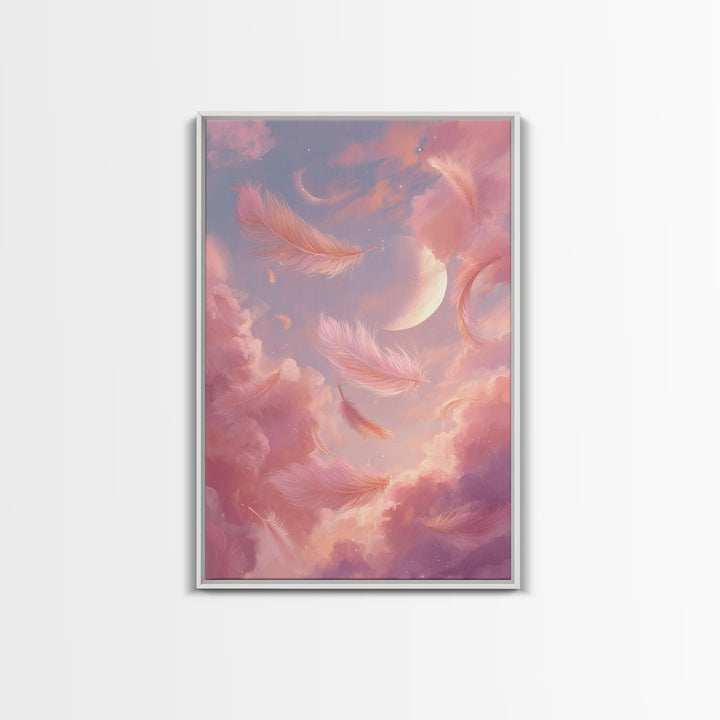 Crescent Moon Feather Wall Art, Pink Cloud Celestial Canvas, Dreamy Nursery Decor, Whimsical Bedroom Print Gift For Her, Pastel Decor