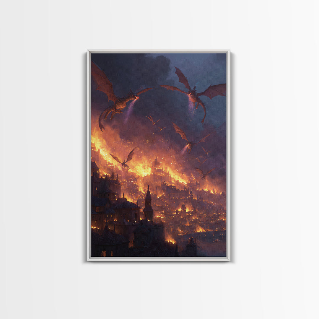 Burning Dragon Siege Over Medieval City Wall Art, Dark Fantasy Canvas Print, Gothic Castle Decor, Epic Fire Dragon Artwork