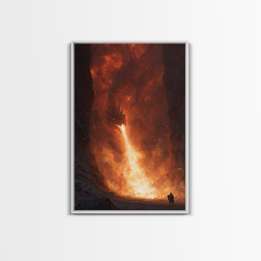 Lone Warrior Facing Fire Breathing Dragon Canvas Print, Dark Fantasy Wall Art, Epic Cave Battle Decor, Dramatic Monster Art