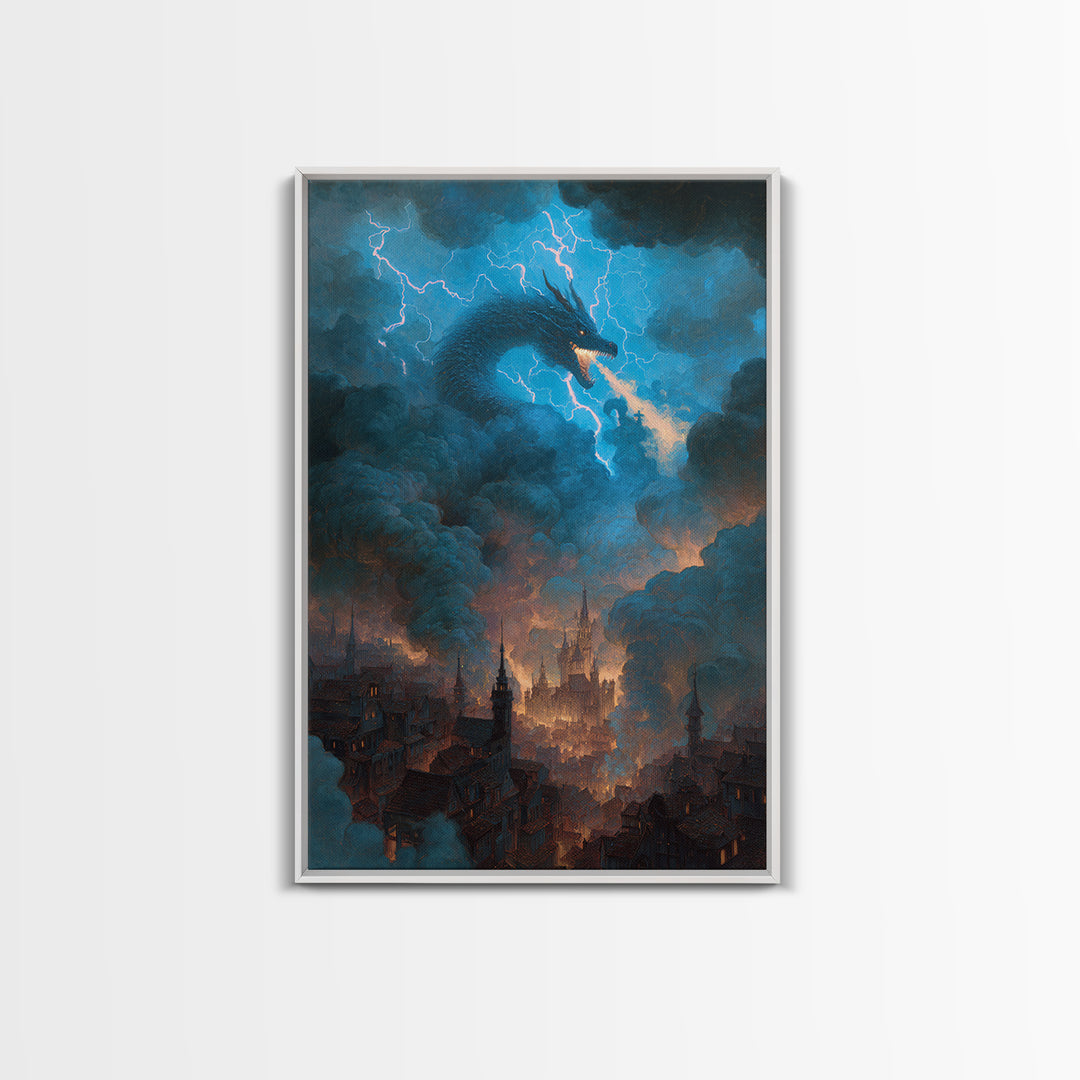 Storm Dragon Above Smoky Gothic City Wall Art, Electric Blue Fantasy Canvas Print, Dark Academia Decor, Epic Monster Artwork