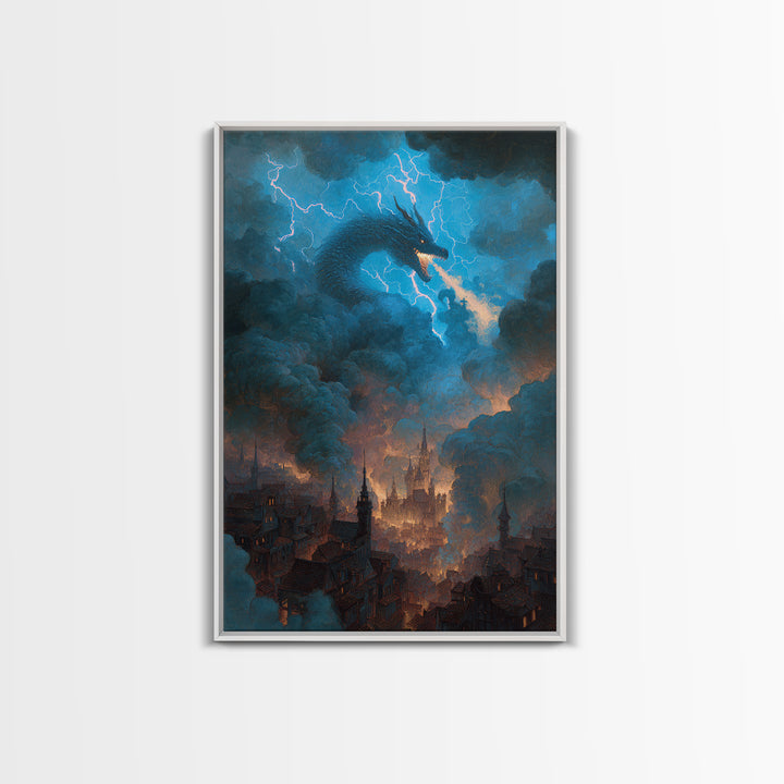 Storm Dragon Above Smoky Gothic City Wall Art, Electric Blue Fantasy Canvas Print, Dark Academia Decor, Epic Monster Artwork