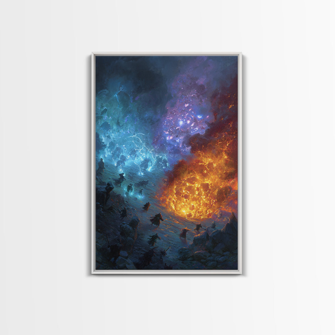 Elemental Fire And Ice Battle Wall Art, Epic Fantasy Canvas Print, Surreal Magic Landscape, Dramatic Warrior Decor, Adventure Artwork