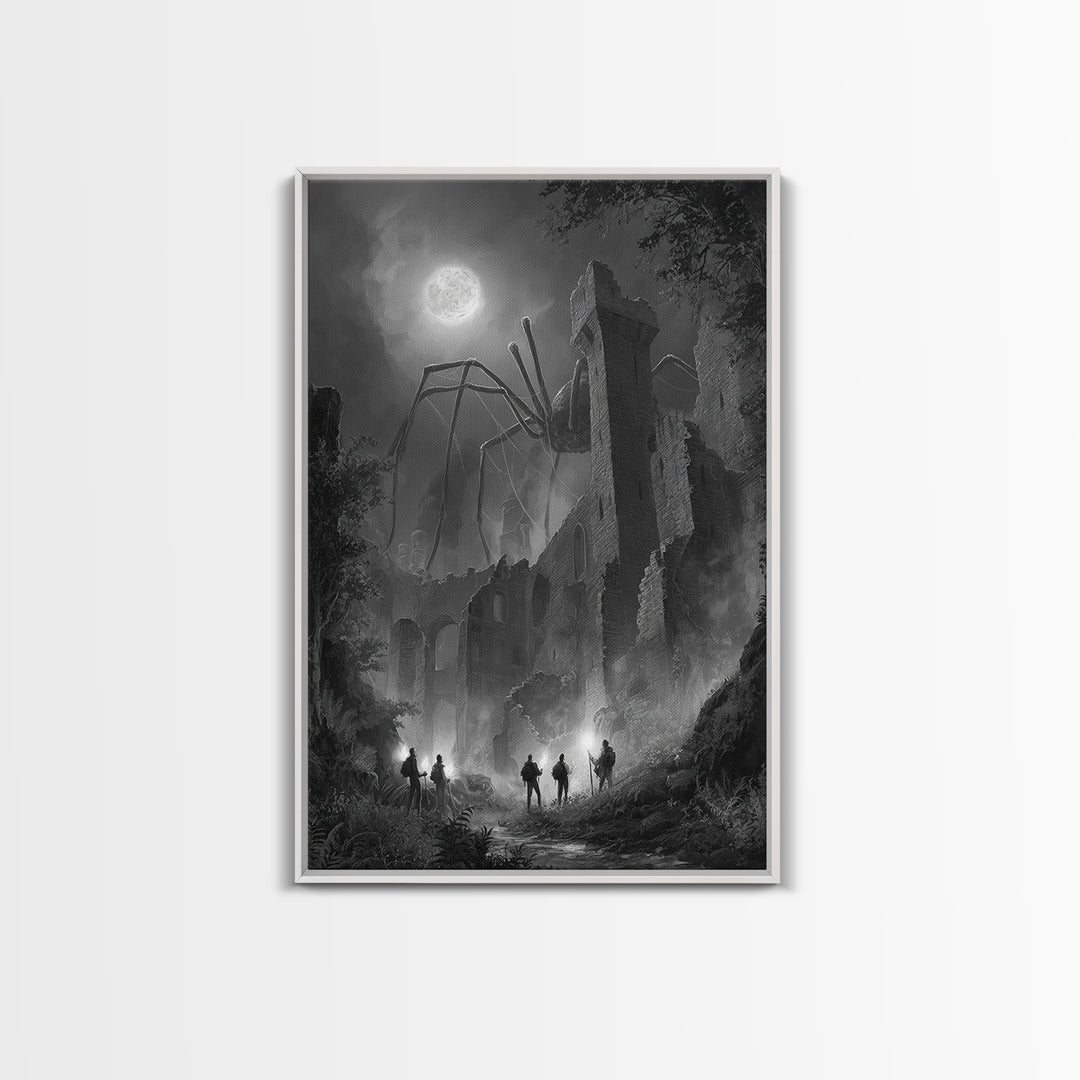 Giant Spider Haunting Moonlit Ruins Wall Art, Black And White Framed Canvas Print, Gothic Horror Decor, Creepy Fantasy Art