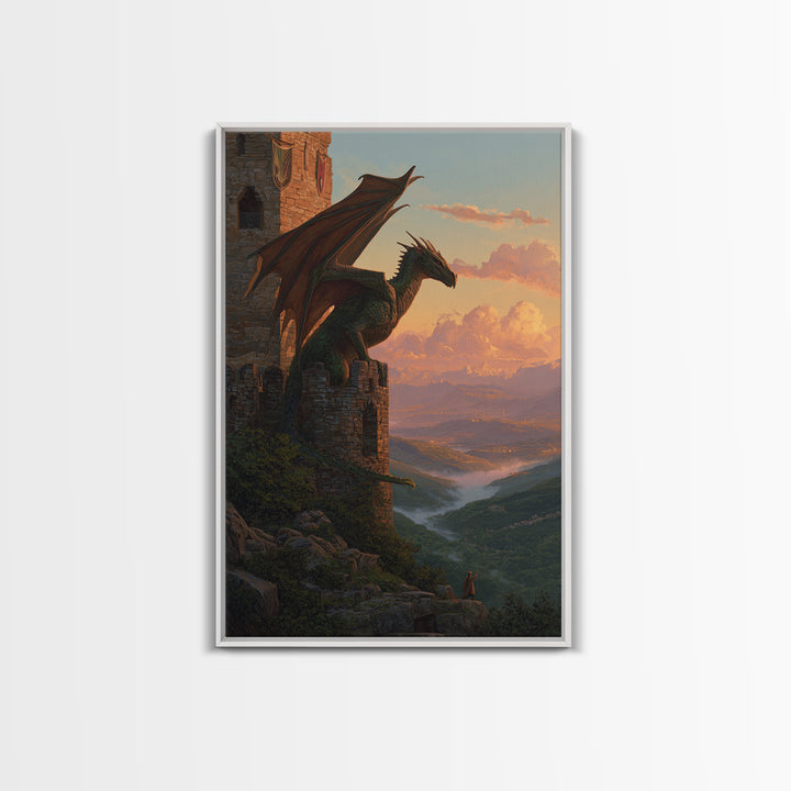 Green Dragon Guarding Mountain Castle Wall Art, Epic Fantasy Canvas Print, Medieval Valley Landscape, Statement Home Decor