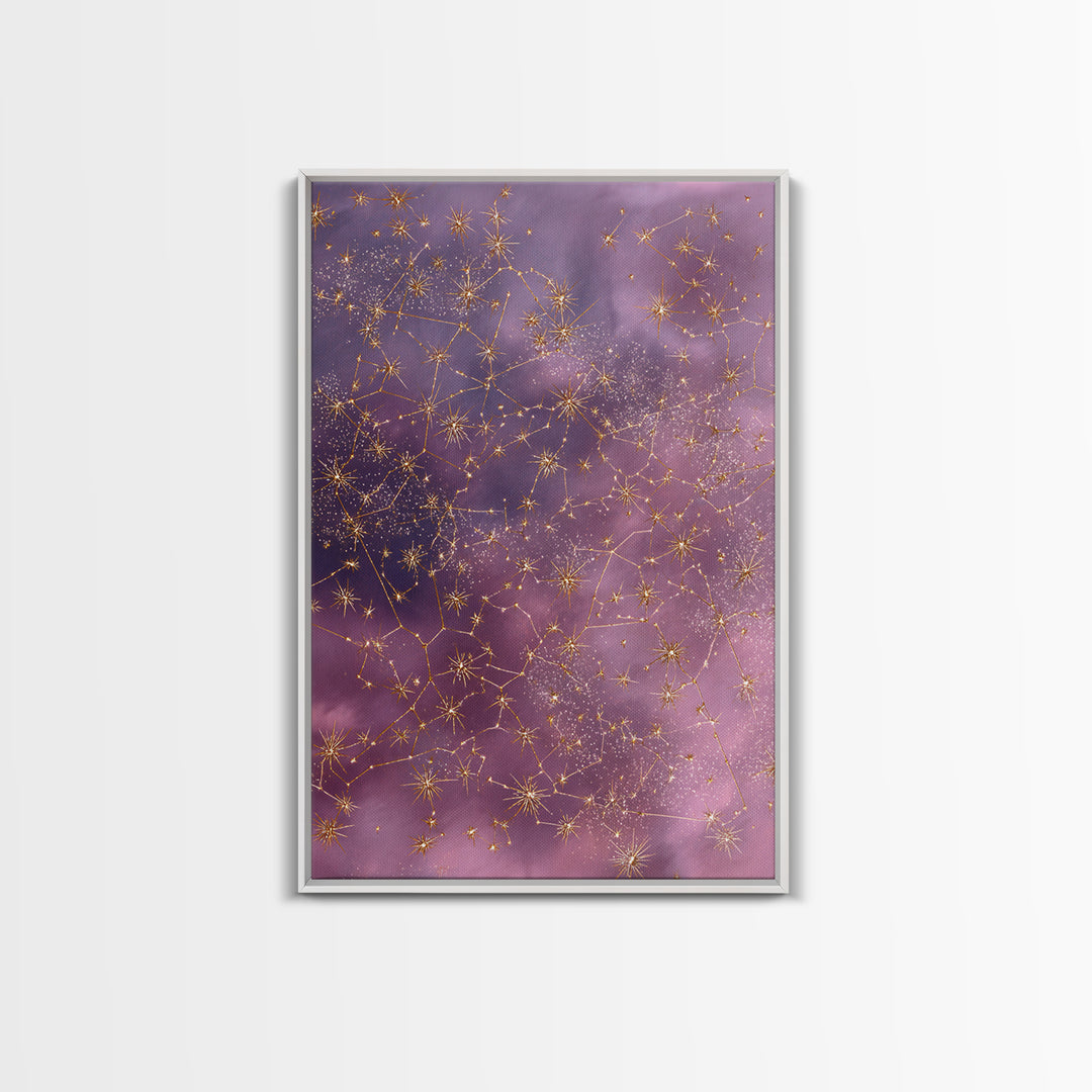 Gold Constellation Wall Art, Purple Astrology Sky Canvas, Celestial Zodiac Decor, Mystical Star Map Print For Bedroom Decor