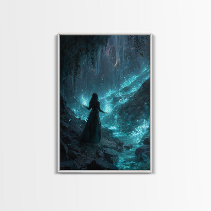 Glowing Crystal Cavern Sorceress Wall Art, Fantasy Art Print, Mystical Blue Cave Decor, Witchy Home Decor Gift For Her, Room Decor