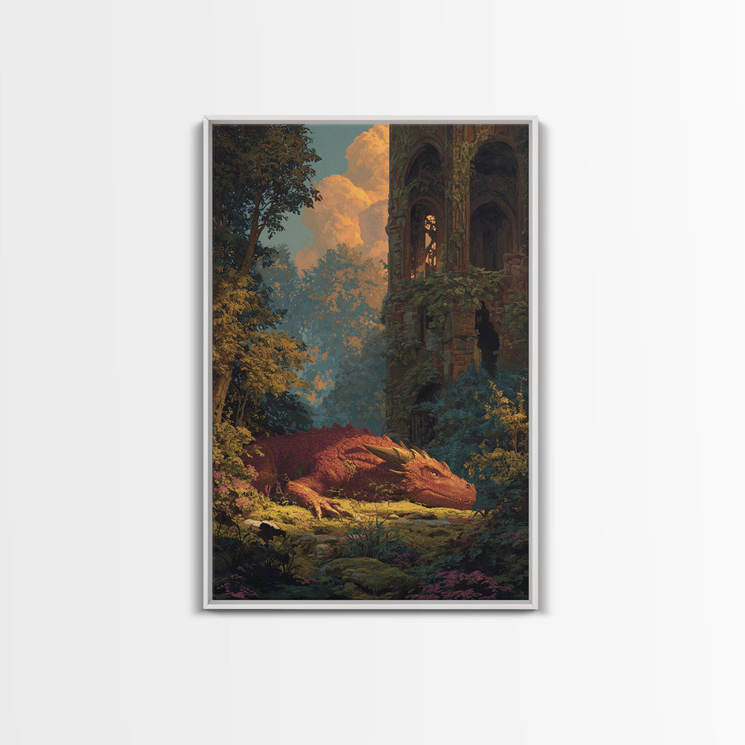 Sleeping Golden Dragon In Overgrown Ruins Canvas Print, Fantasy Wall Decor, Dragon Art, Storybook Castle Home Decor, Housewarming Gift