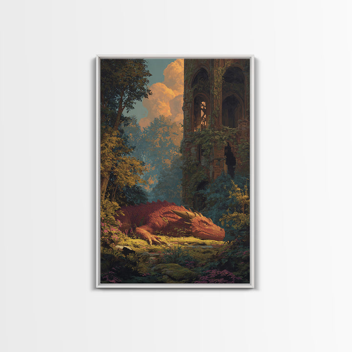 Sleeping Golden Dragon In Overgrown Ruins Canvas Print, Fantasy Wall Decor, Dragon Art, Storybook Castle Home Decor, Housewarming Gift
