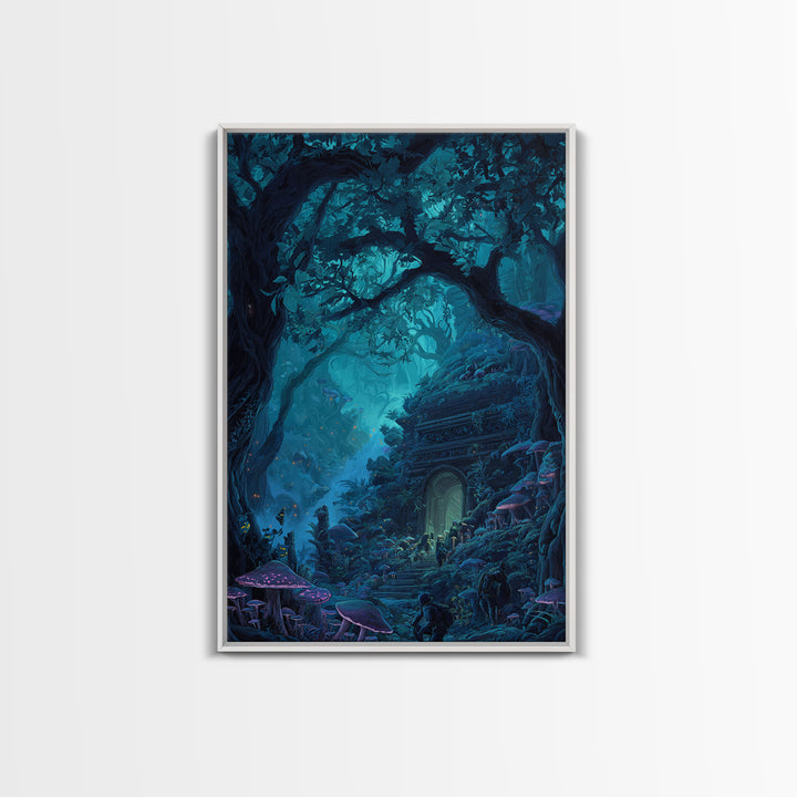 Enchanted Blue Forest Door Framed Canvas Print, Mushroom Wall Art, Fantasy Woodland Decor, Magical Library Art Print, Gift For Her