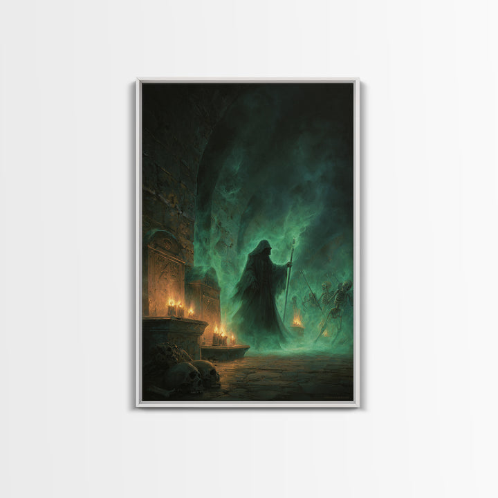 Green Necromancer Dungeon Wall Art, Dark Fantasy Canvas Print, Skeleton Gothic Decor, Witchy Macabre Home Decor, Gift For Him