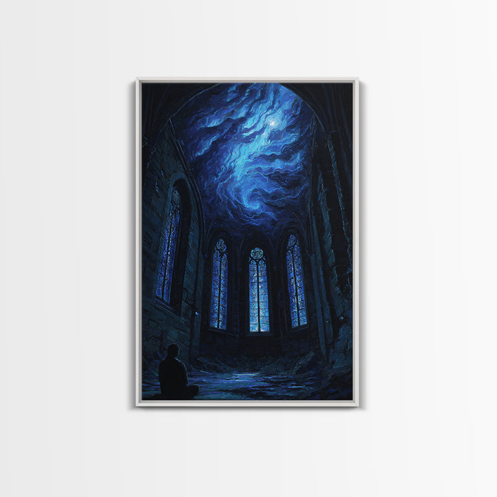 Blue Cosmic Chapel Ruins Canvas Print, Celestial Wall Art, Gothic Architecture Decor, Dark Academia Fantasy Art Print, Home Decor