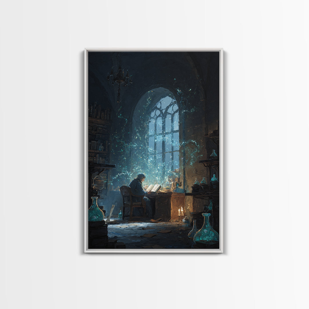 Alchemist Reading In Candlelit Library Framed Canvas Print, Dark Academia Wall Art, Wizard Study Decor, Bookish Gift For Readers