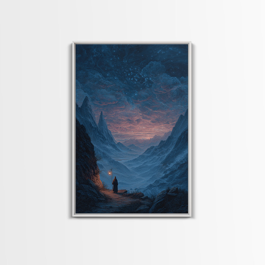 Starry Mountain Valley Pilgrim Wall Art, Fantasy Landscape Canvas Print, Celestial Night Sky Decor, Moody Blue Art Print