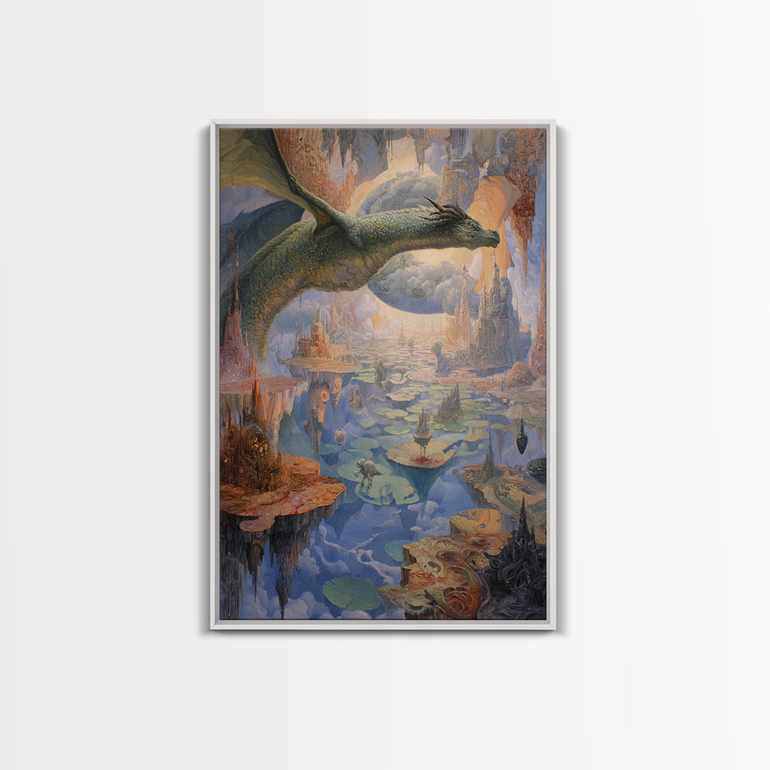 Giant Dragon Over Floating Kingdom Canvas Print, Fantasy Wall Art, Surreal Castle Landscape, Dreamy Storybook Decor, Gift For Her