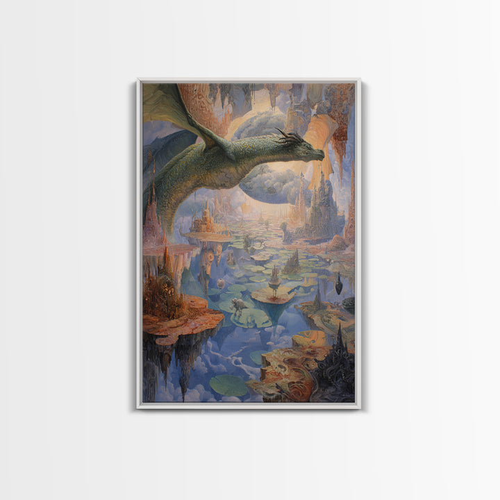 Giant Dragon Over Floating Kingdom Canvas Print, Fantasy Wall Art, Surreal Castle Landscape, Dreamy Storybook Decor, Gift For Her