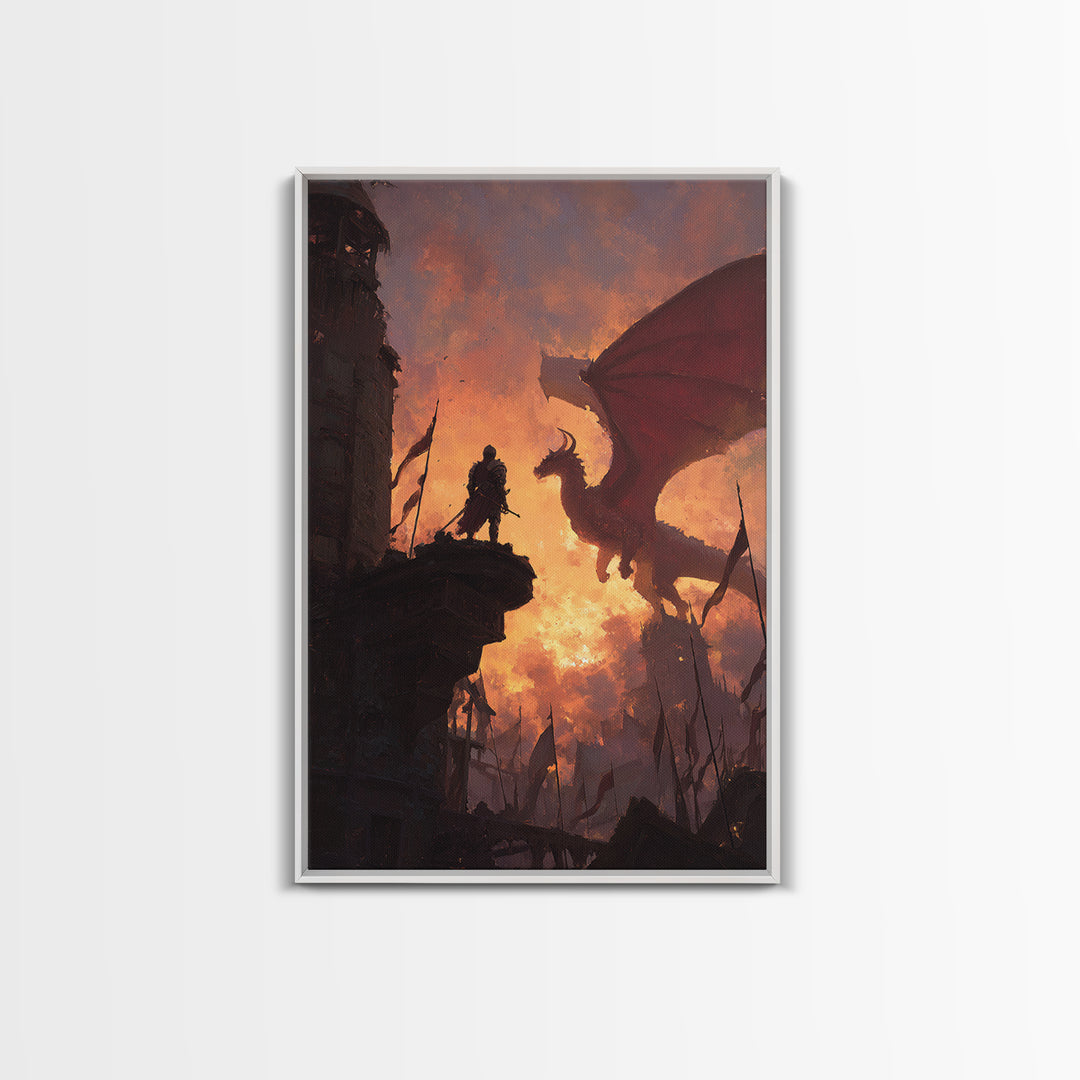 Knight Facing Red Dragon Wall Art, Epic Fantasy Canvas Print, Medieval Castle Decor, Dragon Artwork Gift For Him, Living Room Decor