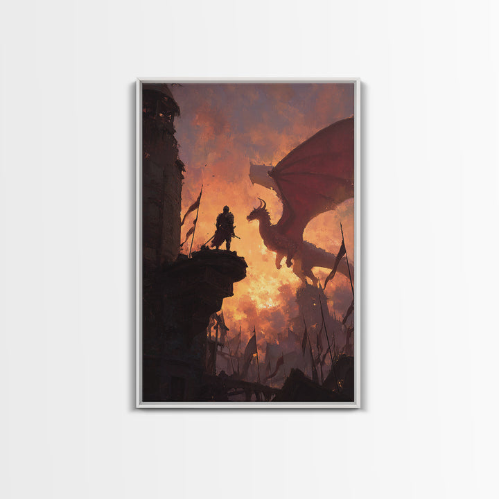 Knight Facing Red Dragon Wall Art, Epic Fantasy Canvas Print, Medieval Castle Decor, Dragon Artwork Gift For Him, Living Room Decor