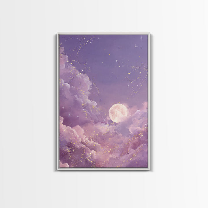 Full Moon Cloud Canvas Print, Lavender Celestial Sky Art, Zodiac Constellation Decor, Dreamy Nursery Wall Art For Bedroom