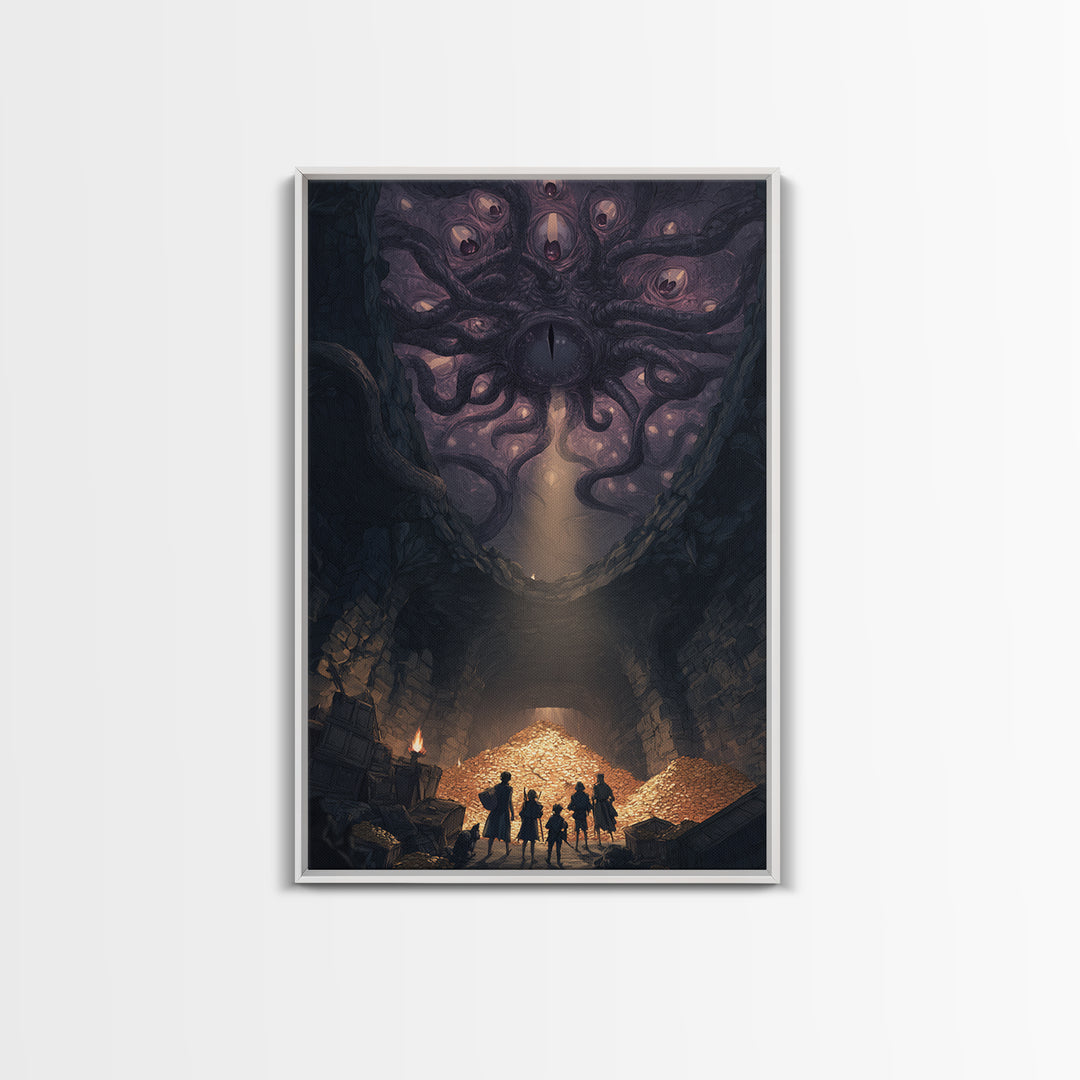 Eldritch Many Eyed Monster Framed Canvas Print, Dark Fantasy Cave Treasure Wall Decor, Gothic Horror Art For Game Room Gift