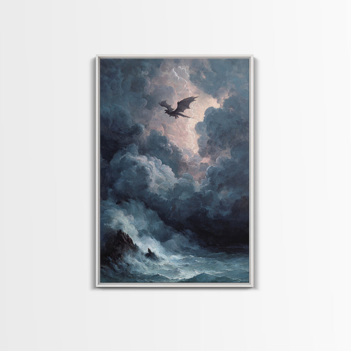 Storm Dragon Over Dark Ocean Wall Art, Gothic Fantasy Canvas Print, Moody Seascape Decor, Lightning Art Gift For Him, Large Print