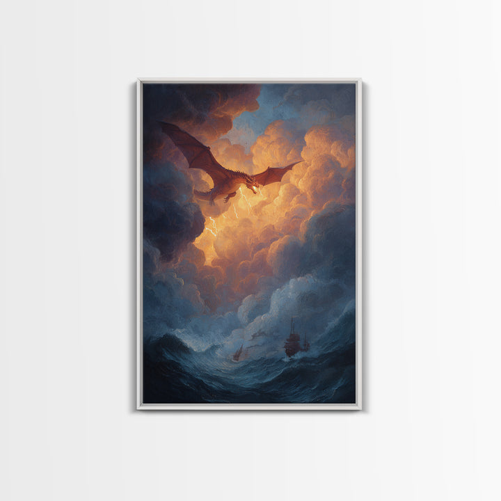 Golden Sky Dragon Above Stormy Sea Framed Canvas Print, Epic Fantasy Wall Art, Ocean Seascape Decor, Dragon Gift For Him