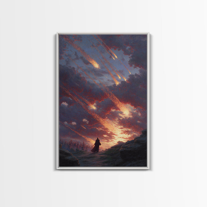 Falling Meteors Over Lone Traveler Wall Art, Apocalyptic Fantasy Canvas Print, Dark Landscape Decor, Dramatic Sky Art Gift