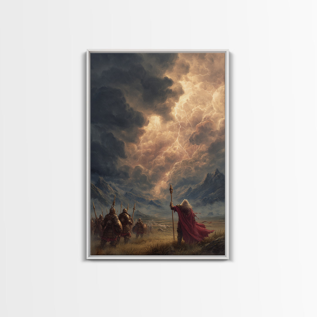Warrior Army And Lightning Mage Framed Canvas Print, Epic Fantasy Wall Art, Mountain Landscape Decor, Viking Gift For Him