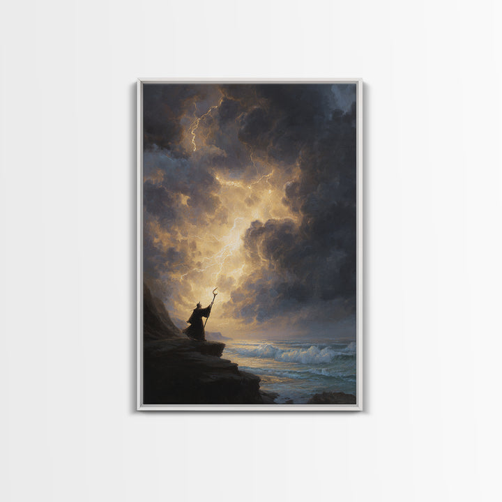 Storm Wizard On Sea Cliff Wall Art, Lightning Sky Canvas Print, Dark Fantasy Seascape Decor, Gothic Coastal Gift For Him