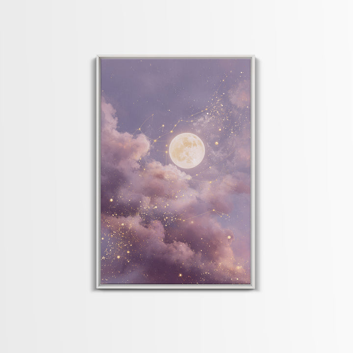 Glowing Moon And Star Cloud Wall Art, Lavender Celestial Canvas, Zodiac Constellation Decor, Dreamy Bedroom Print For Her
