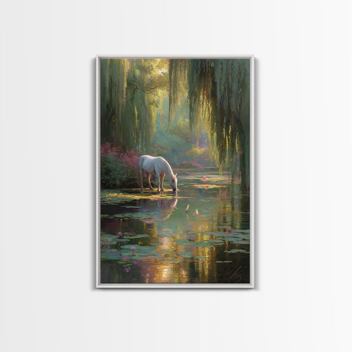 White Horse By Lily Pond Wall Art, Enchanted Forest Fantasy Canvas, Whimsical Nature Decor, Fairy Tale Living Room Art Print