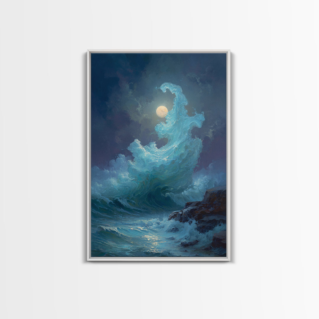 Moonlit Turquoise Wave Canvas Print, Dramatic Ocean Seascape Wall Decor, Coastal Fantasy Art For Bedroom And Living Room