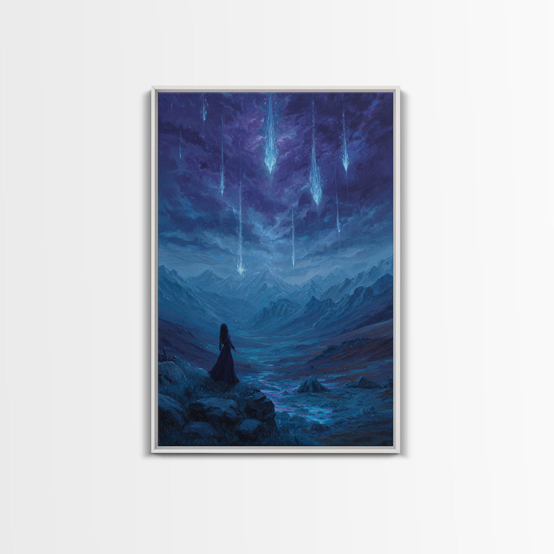 Celestial Meteor Valley Wall Art, Blue Mountain Fantasy Landscape, Mystical Night Sky Decor For Bedroom Or Office Canvas Print