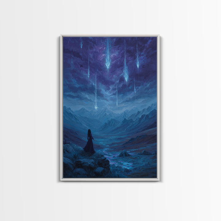 Celestial Meteor Valley Wall Art, Blue Mountain Fantasy Landscape, Mystical Night Sky Decor For Bedroom Or Office Canvas Print