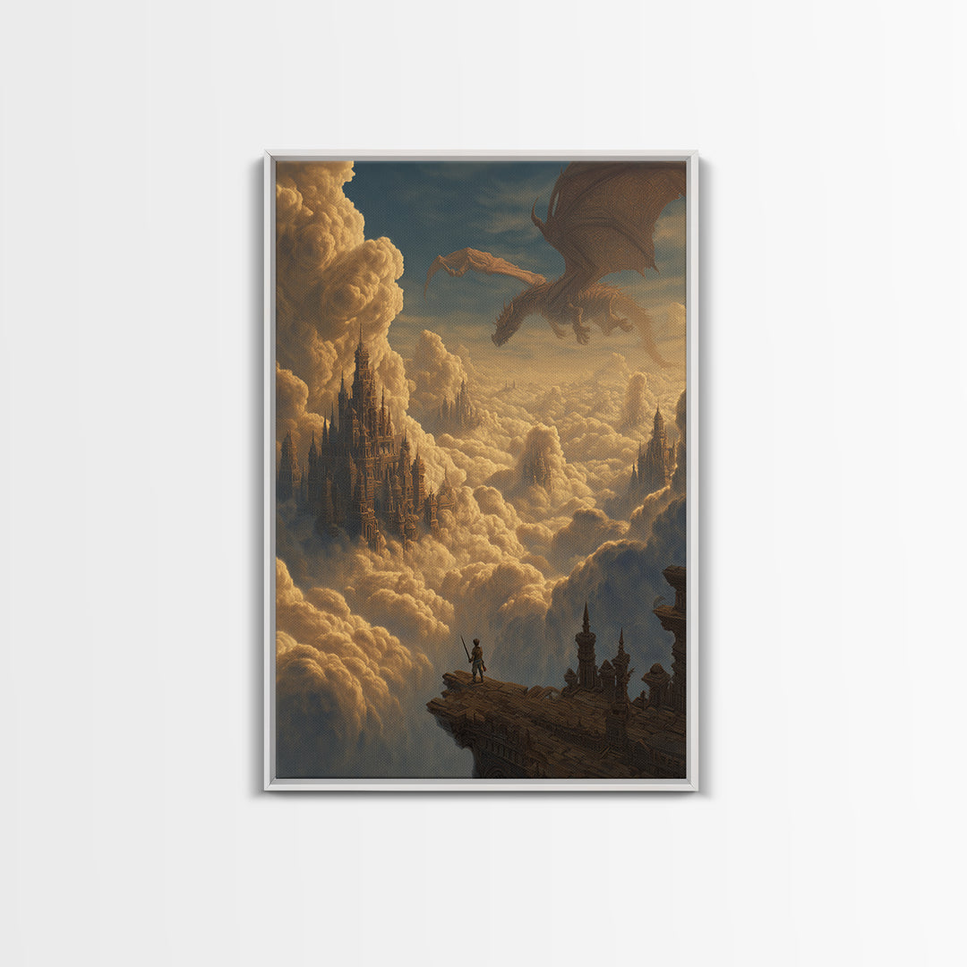 Dragon Over Cloud Kingdom Framed Canvas Print, Epic Fantasy Castle Wall Decor, Mythical Adventure Art For Gamer Room Gift